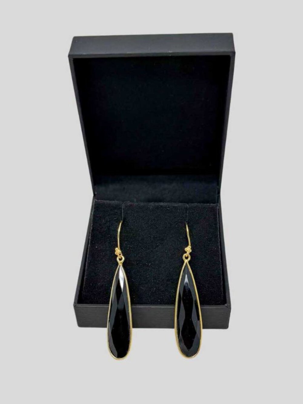 Gold Tone Black Faceted Teardrop Drop Earrings